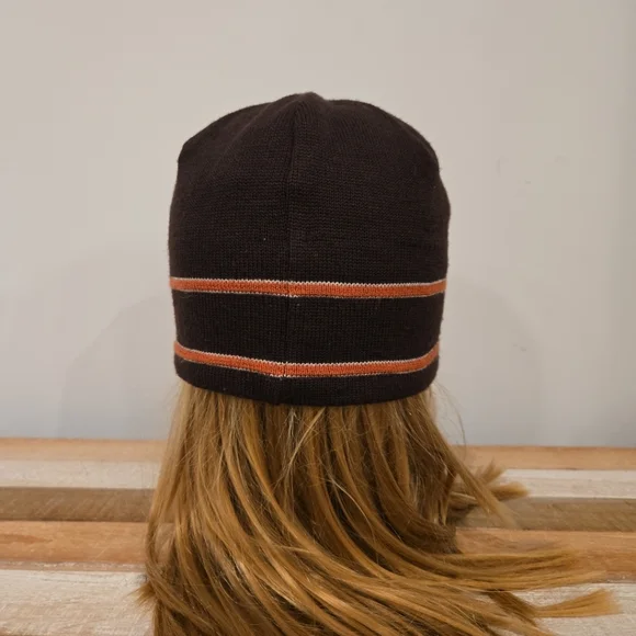 North Face Beanie Wool Brown Orange Striped Unisex Logo Fleece Lined Winter Hat - Picture 4 of 5
